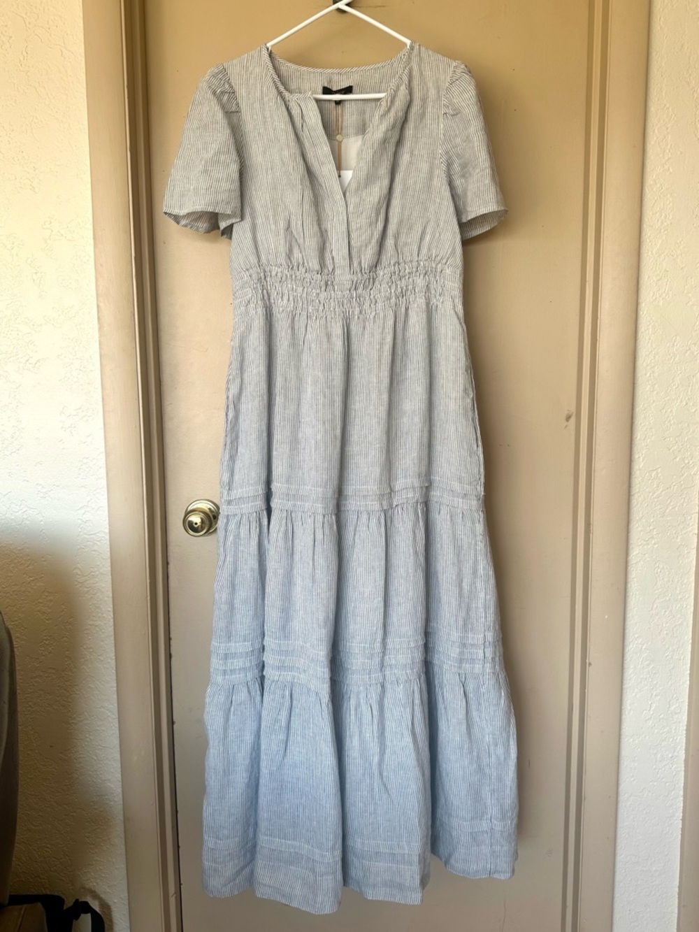 Quince Light Blue Pinstripe Tiered Maxi Dress